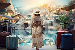Traveler woman in straw hat with luggage at Tenerife, Spain, rear view of Happy travel woman on vacation concept, AI Generated