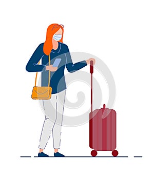 Traveler woman. Tourist woman in mask holding bag photo