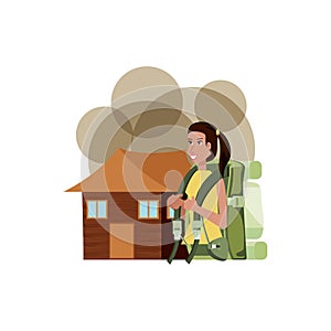 traveler woman with travel bag and log cabin