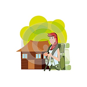 traveler woman with travel bag and log cabin