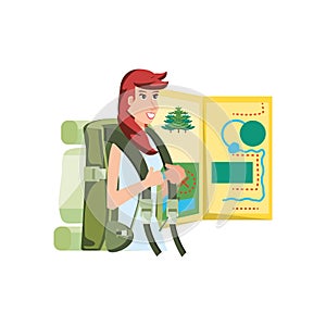traveler woman with travel bag and map guide