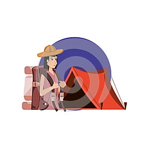 traveler woman with travel bag and tent camping