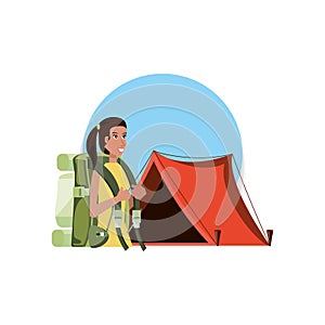 traveler woman with travel bag and tent camping