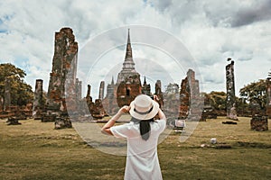 Traveler woman travel in Wat Phra Si Sanphet temple at Ayutthaya historical park Thailand