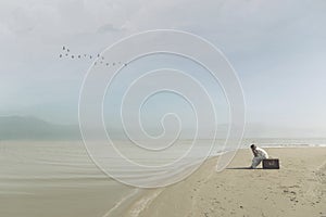 Traveler woman waiting on the beach