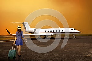 Traveler Woman Walking Into Private Jet