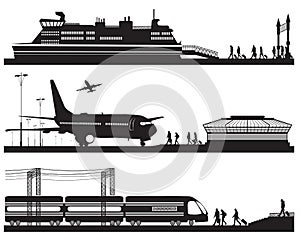 travelers in airport terminal, train station and pier with cruise liner