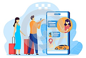 Travelers with baggage calling taxi, mobile phone app concept, people vector illustration