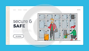 Travelers with Bags Use Luggage Storage Landing Page Template. Characters Put Bags into Lockers with Keys in Airport