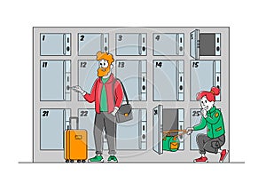 Travelers with Bags Use Luggage Storage Service Put Bags into Numbered Lockers with Keys in Airport or Supermarket