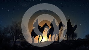 Travelers on camels traveling through the desert. AI Generated