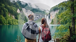Travelers couple look at the mountain lake. Travel and active life concept with team. Adventure and travel in the mountains region