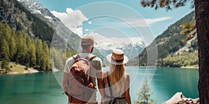 Travelers couple look at the mountain lake. Travel and active life concept with team. Adventure and travel in the mountains region