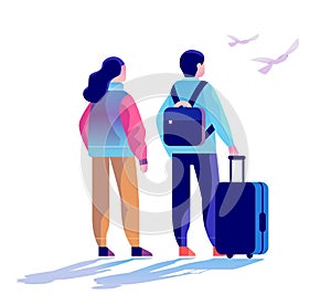 travelers couple with luggage standing together summer vacation time to travel concept