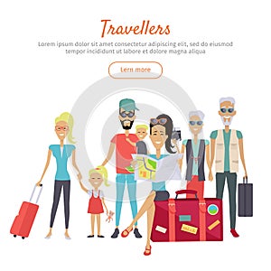 Travelers of Different Age with Suitcases Banner