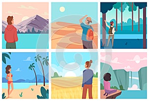 Travelers. Exploration concept background with travellers looking at nature exact vector landscape backgrounds