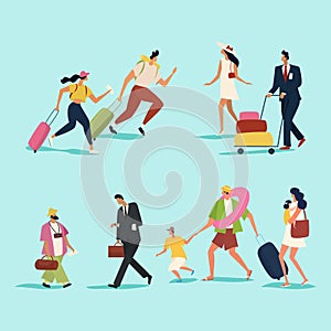 Travelers with suitcases. People and family traveling on vacation. Flat style.