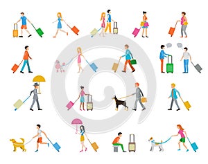 Travelers with suitcases on white background.