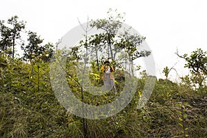 Travelers thai women people travel visit rest relax and hiking trekking trail and take photo on viewpoint rock mountain forest of