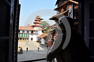 Travelers thai women photographer travel visit and take photo ancient nepalese architecture and antique Nasal Chok Hanuman Dhoka