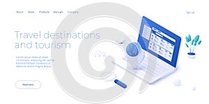 Traveling by air concept in isometric vector illustration. Around the world flight tour or trip. Cheap airline tickets searching