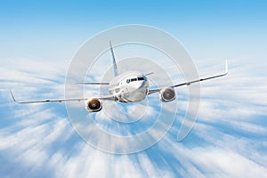 Traveling by airplane above the clouds, high speed motion blur effect