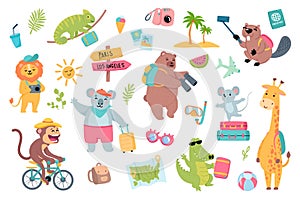 Traveling animals set with cute cartoon elements in flat design.