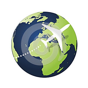 Traveling Around the World - Travel by Airplane - Modern Style Earth Globe Design with Airplane Flying Around the World - Concept