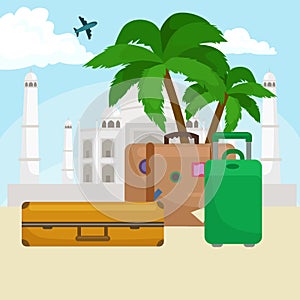 Traveling bag suitcase for trip or vocation, tourism icon baggage for voyage, vector illustration. Summer vocations