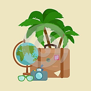 Traveling bag suitcase for trip or vocation, tourism icon baggage for voyage, vector illustration. Summer vocations