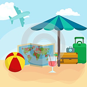 Traveling bag suitcase for trip or vocation, tourism icon baggage for voyage, vector illustration. Summer vocations