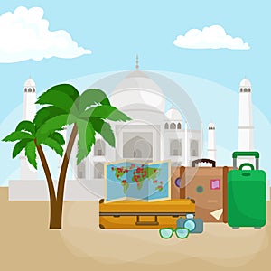 Traveling bag suitcase for trip or vocation, tourism icon baggage for voyage, vector illustration. Summer vocations