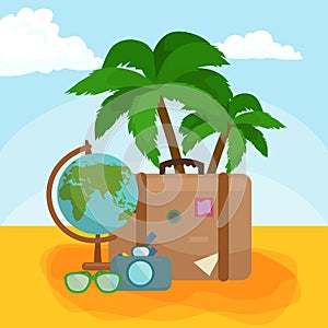 Traveling bag suitcase for trip or vocation, tourism icon baggage for voyage, vector illustration. Summer vocations