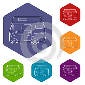 Traveling camper van icons vector hexahedron