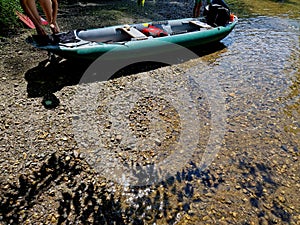 traveling on a canoe raft down the river. inflatable boat with paddles