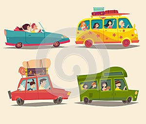 Traveling by car, cabriolet, bus and Trailer with happy people. Summer vacation, tourism