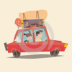 Traveling by car. Father driving car. Happy family summer vacations. Tourism, cartoon character family