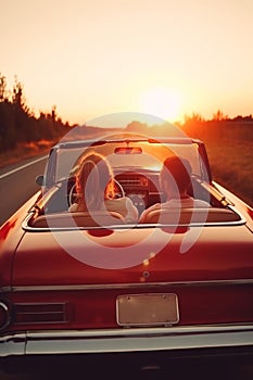 Traveling by car - happy couple in love go by cabriolet car in sunset time AI generated