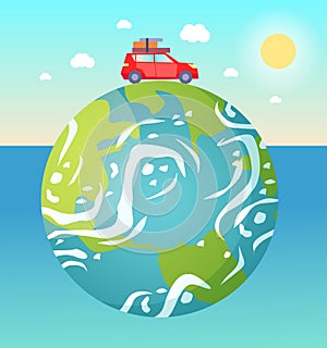 Traveling Car Riding on Big Planet Earth Vector