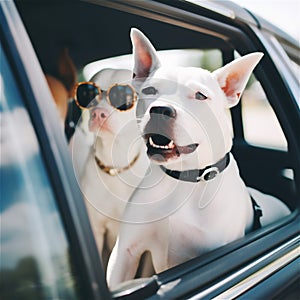 Traveling by car with white dogs. Summer escapade with pets. Close-up. Generative Al content