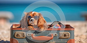 Traveling Cavalier King Charles Spaniels Beach Escape Sunglasses and Open Suitcase - travel and holiday concept. Generative AI
