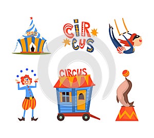 Traveling Chapiteau Circus with Acrobat, Clown Juggling Balls, Seal and Tent Vector Set