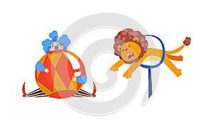 Traveling Chapiteau Circus with Clown and Lion Jumping Through Hula Hoop Performing Trick Vector Set