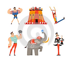 Traveling Chapiteau Circus with Strongman, Acrobat, Magician, Elephant and Tent Vector Set