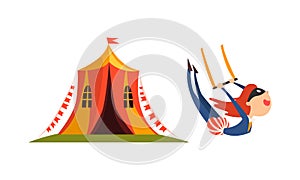 Traveling Chapiteau Circus with Tent and Woman Acrobat Performing Trick Vector Set