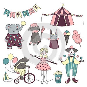 Traveling chapiteau circus. Vector illustration, set of circus performers, trained animals and circus props.
