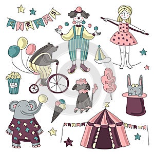 Traveling chapiteau circus. Vector illustration, set of circus performers, trained animals and circus props.