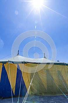 Traveling circus tent in blue and yellow colors. Brazil