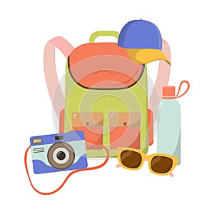 Traveling composition. Vector adventure tourist in flat style