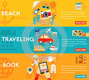 Traveling Concepts - Beach, Sightseeing, Searching and Booking, Tourism. Flat material horizontal banners